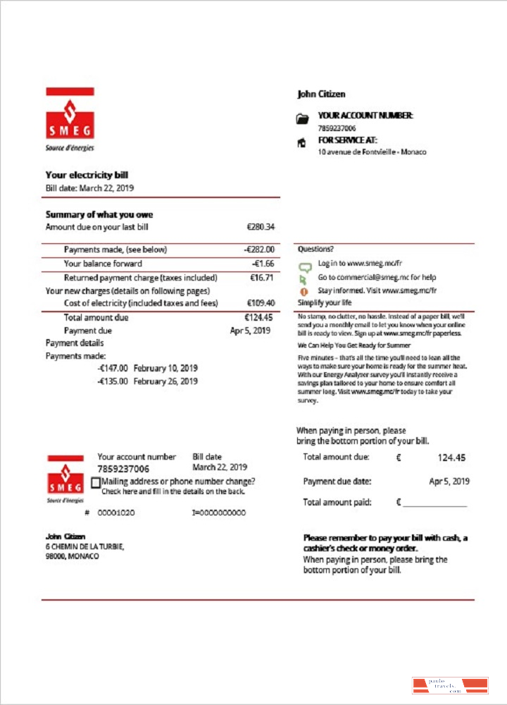 Monaco SMEG electricity utility bill template in Word and PDF format
